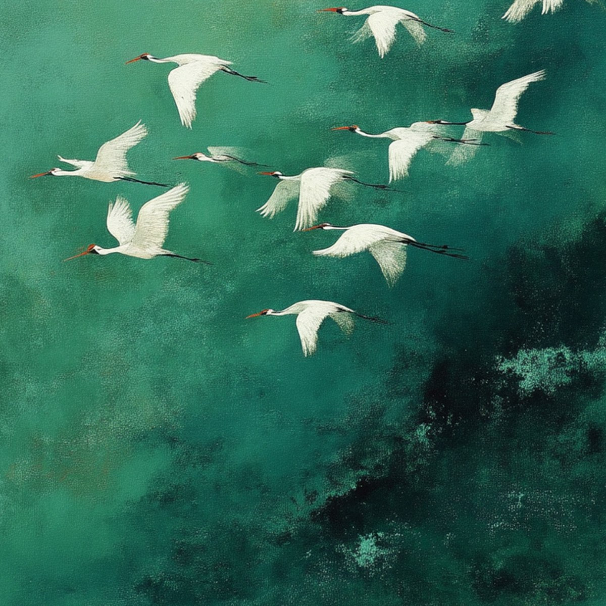 Celestial Journey | Green Crane Abstract Vertical Oil Painting