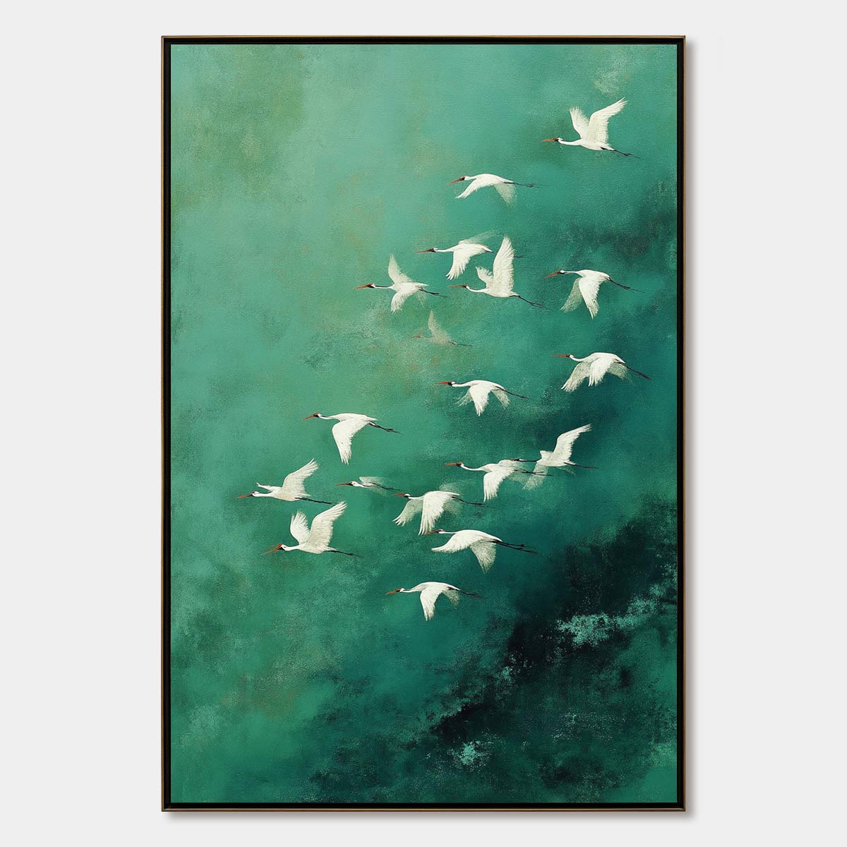 Celestial Journey | Green Crane Abstract Vertical Oil Painting