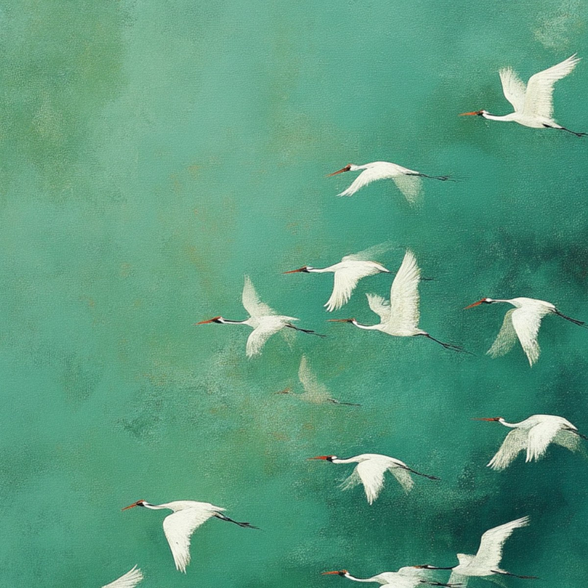 Celestial Journey | Green Crane Abstract Vertical Oil Painting