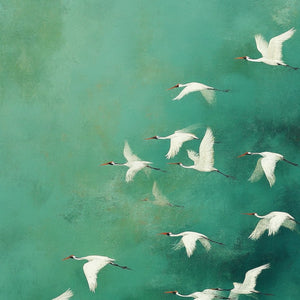 Celestial Journey | Green Crane Abstract Vertical Oil Painting