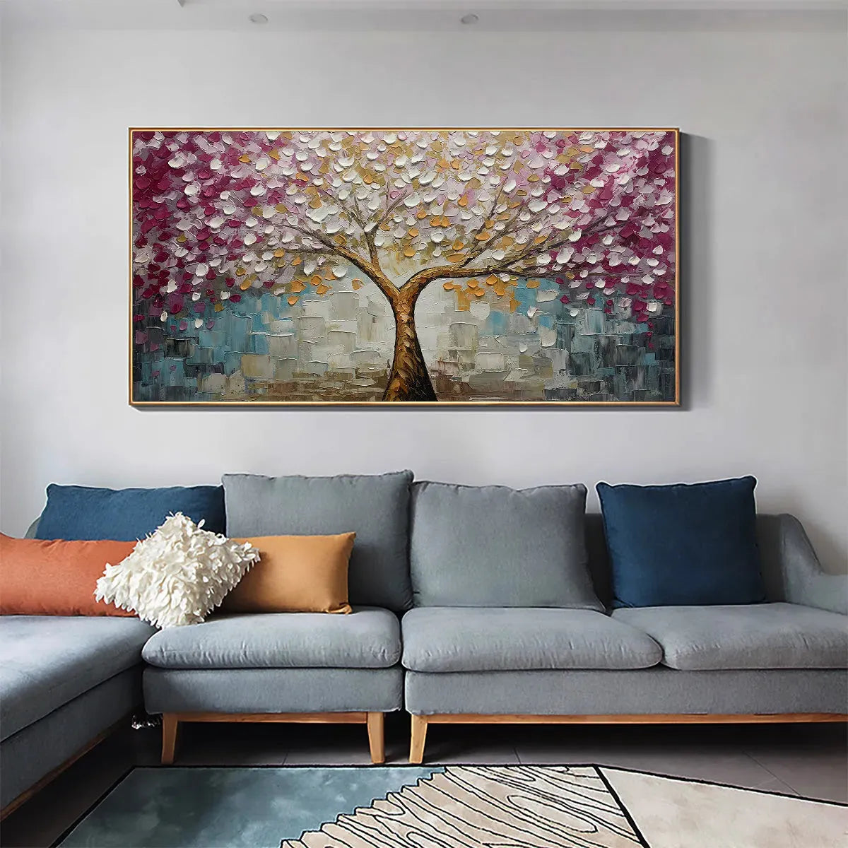 Cherry Blossom Dream: Panoramic Blossom Painting | Pink & Gold | Textured Impasto | Wall Art