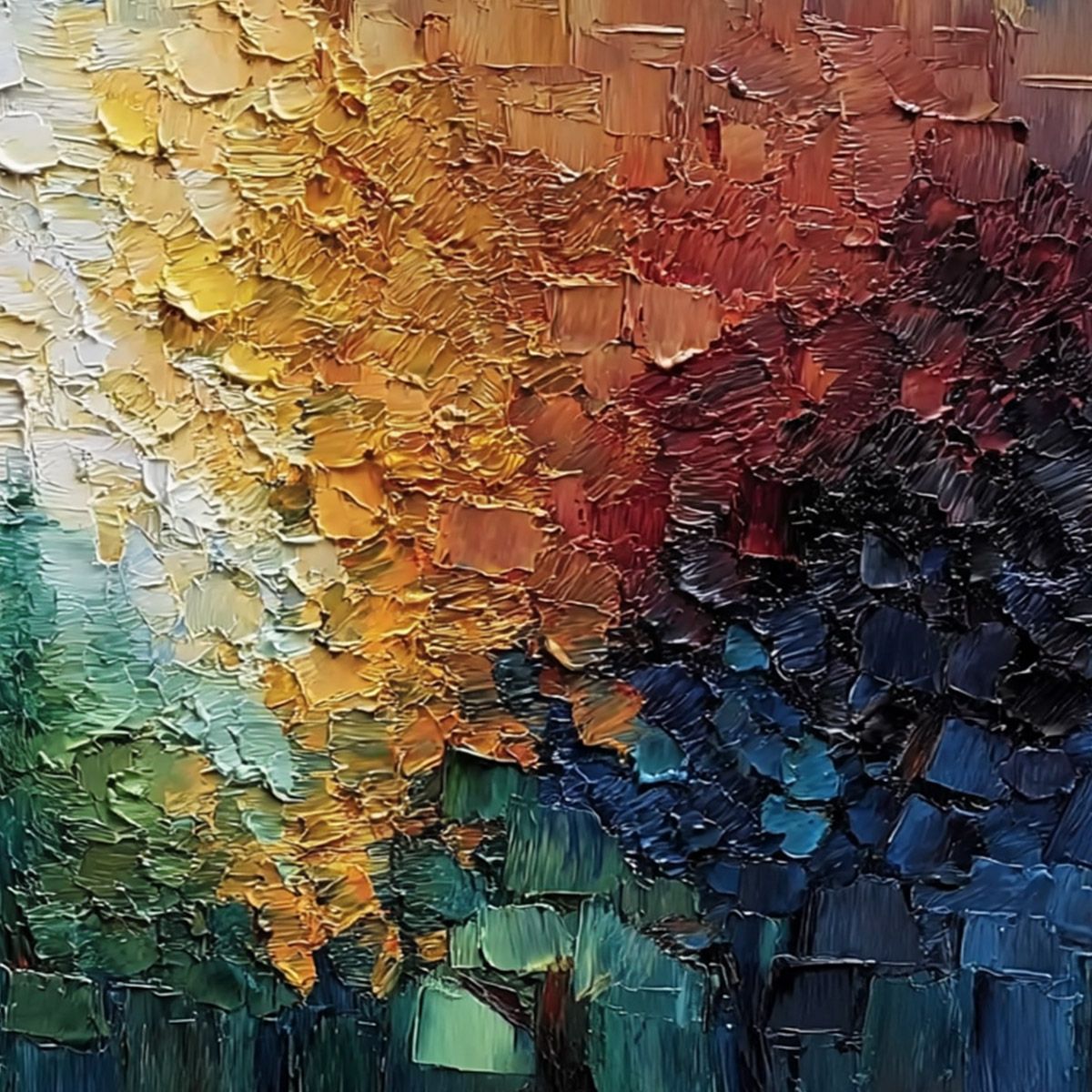 Chromatic Canopy Textured Abstract Forest Landscape Oil Painting