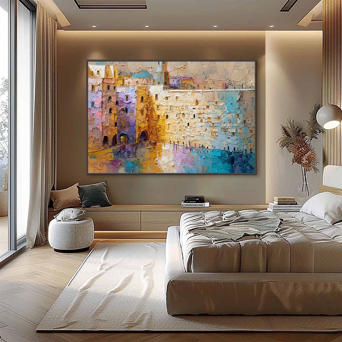 Citadel of Memories: Textured Impasto Cityscape Oil Painting