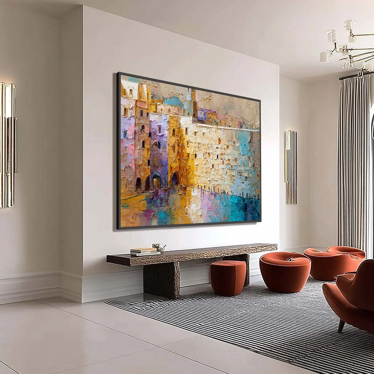 Citadel of Memories: Textured Impasto Cityscape Oil Painting