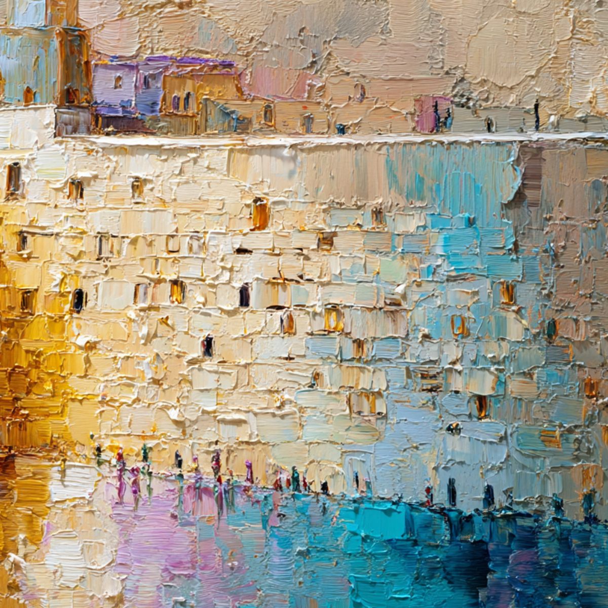Citadel of Memories: Textured Impasto Cityscape Oil Painting