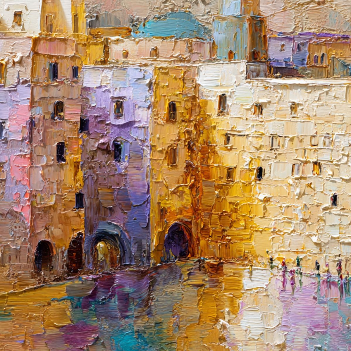 Citadel of Memories: Textured Impasto Cityscape Oil Painting
