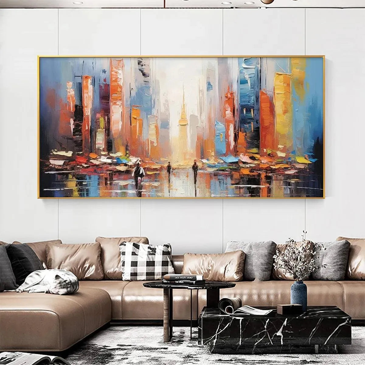 Javier Ramirez's 'City Market' painting: vibrant impasto cityscape enhancing a modern living room.