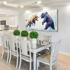 Clash of Forces: Original Panoramic Bull and Bear Oil Painting - Wildlife Wall Art Decor