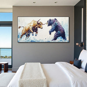 Clash of Forces: Original Panoramic Bull and Bear Oil Painting - Wildlife Wall Art Decor
