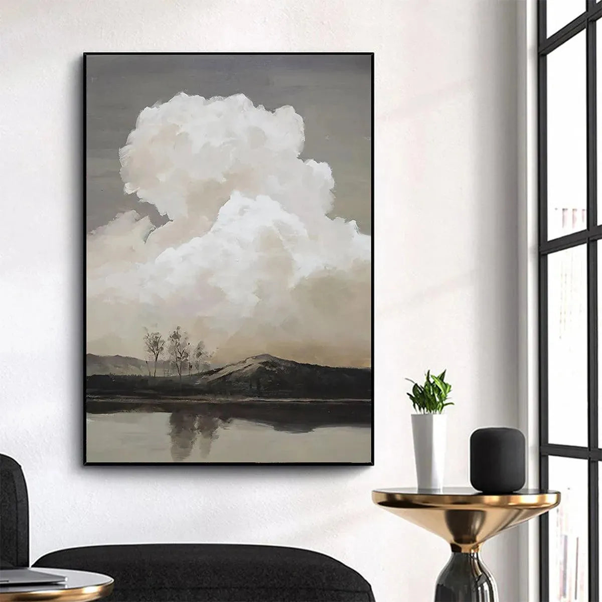 Liam O'Connell Cloudy Landscape painting: Muted tone vertical wall art with cloud, lake scene, framed for decor.