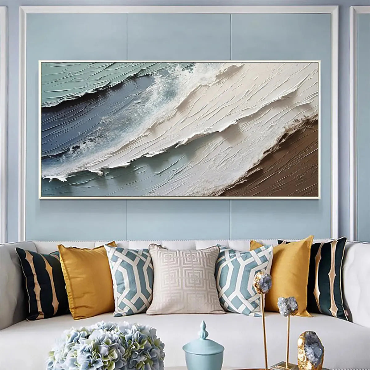 Coastal Textures: Panoramic Abstract Seascape | Impasto | Beige, Blue | Living Room, Bedroom