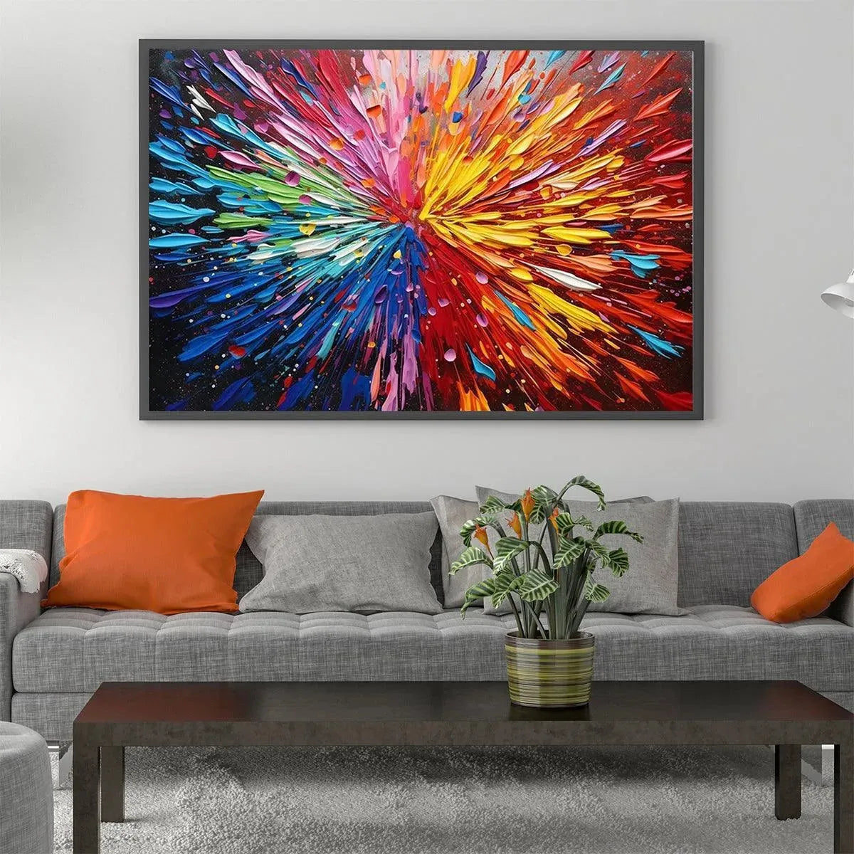 Chak Yu Lam textured impasto abstract painting, rainbow colors exploding outwards in a room setting.
