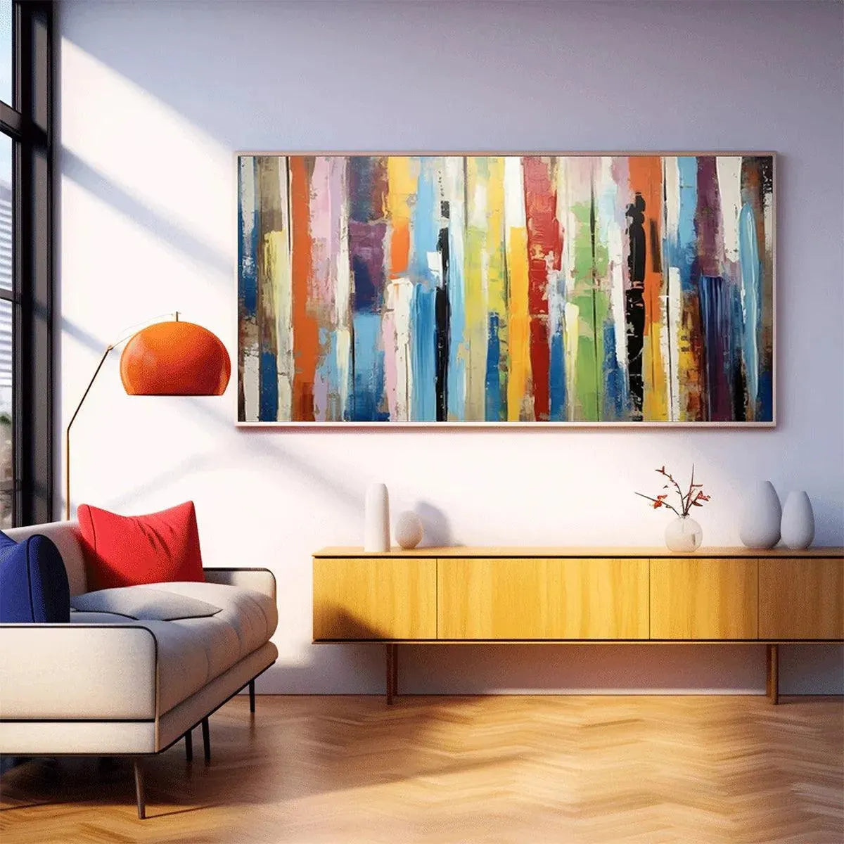 Willow Davies COLOR HARMONY abstract painting, colorful impasto vertical stripes, light wood frame, lifestyle