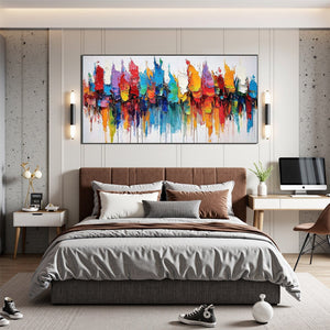 Colorfalls: Original Panoramic Abstract Oil Painting - Vibrant Colorful Wall Art Decor