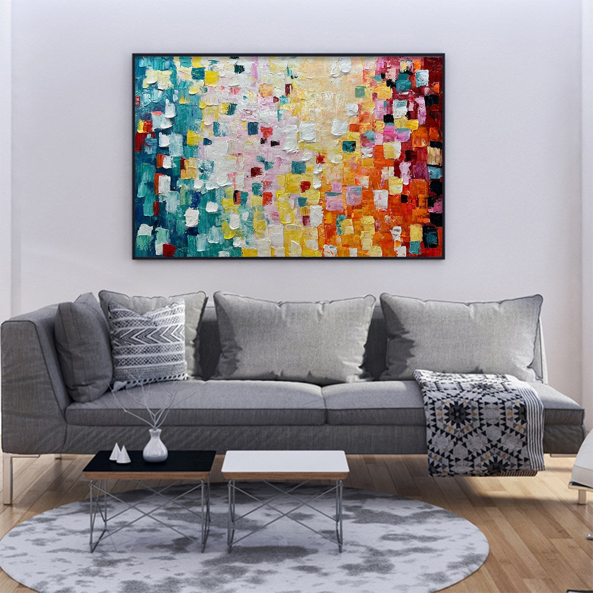 Pixel Rainbow: Colorful Abstract Impasto Oil Painting Canvas Wall Art Decor
