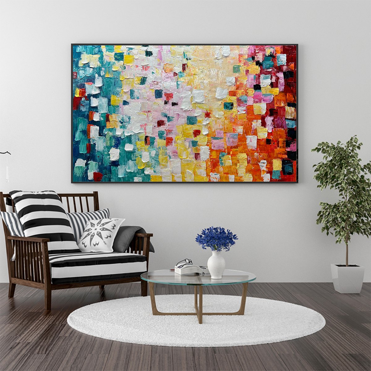 Pixel Rainbow: Colorful Abstract Impasto Oil Painting Canvas Wall