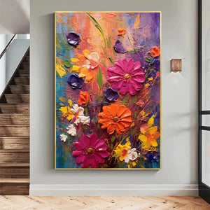 Vertical Impasto Floral Painting, Vibrant Colorful Flowers, Textured Wall Art
