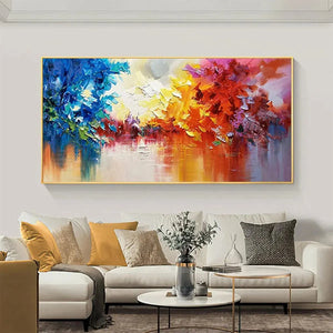 Colorful Reflections original abstract landscape painting with textured impasto brushstrokes in vibrant blues, oranges, yellows, and reds.