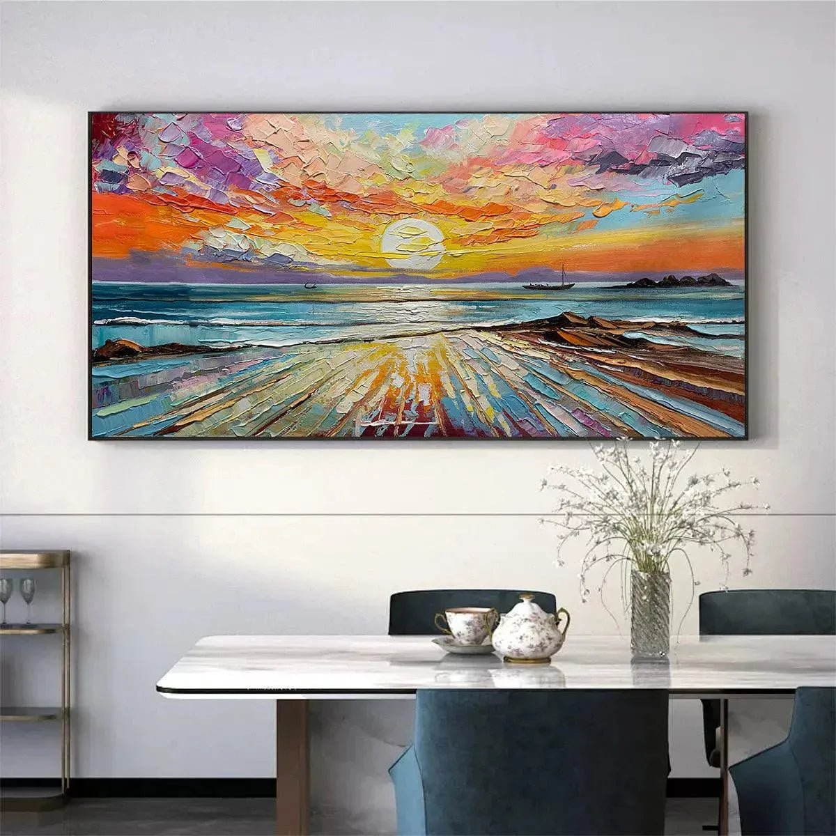 Colorful Seascape Oil Painting - Vibrant Sunset Wall Art for Home Decor