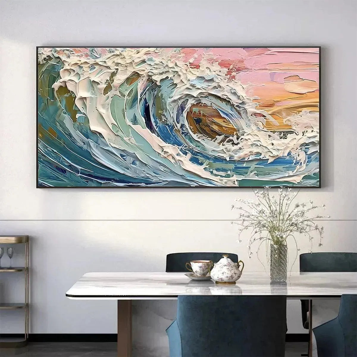 Liam O'Connell Coral Crest impasto painting of blue and pink ocean wave in room setting.