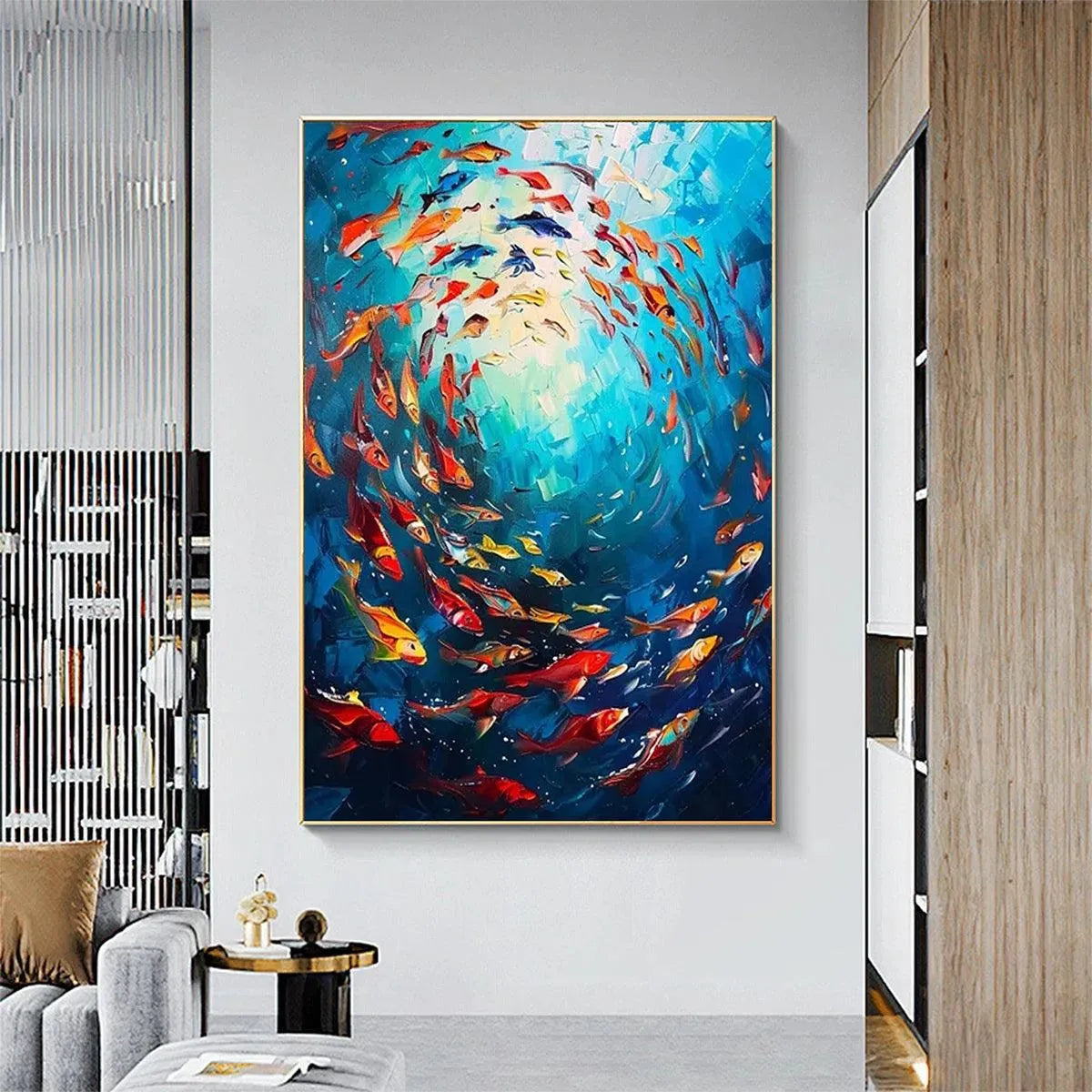CORAL REEF DANCE painting by Yan Nan Li: Colorful fish artwork in a gold frame, bringing underwater wonder to living spaces.