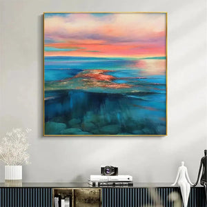 Liam O'Connell's Coral Reef Sunset square wall art painting, vibrant pink and orange sky reflecting on blue ocean.