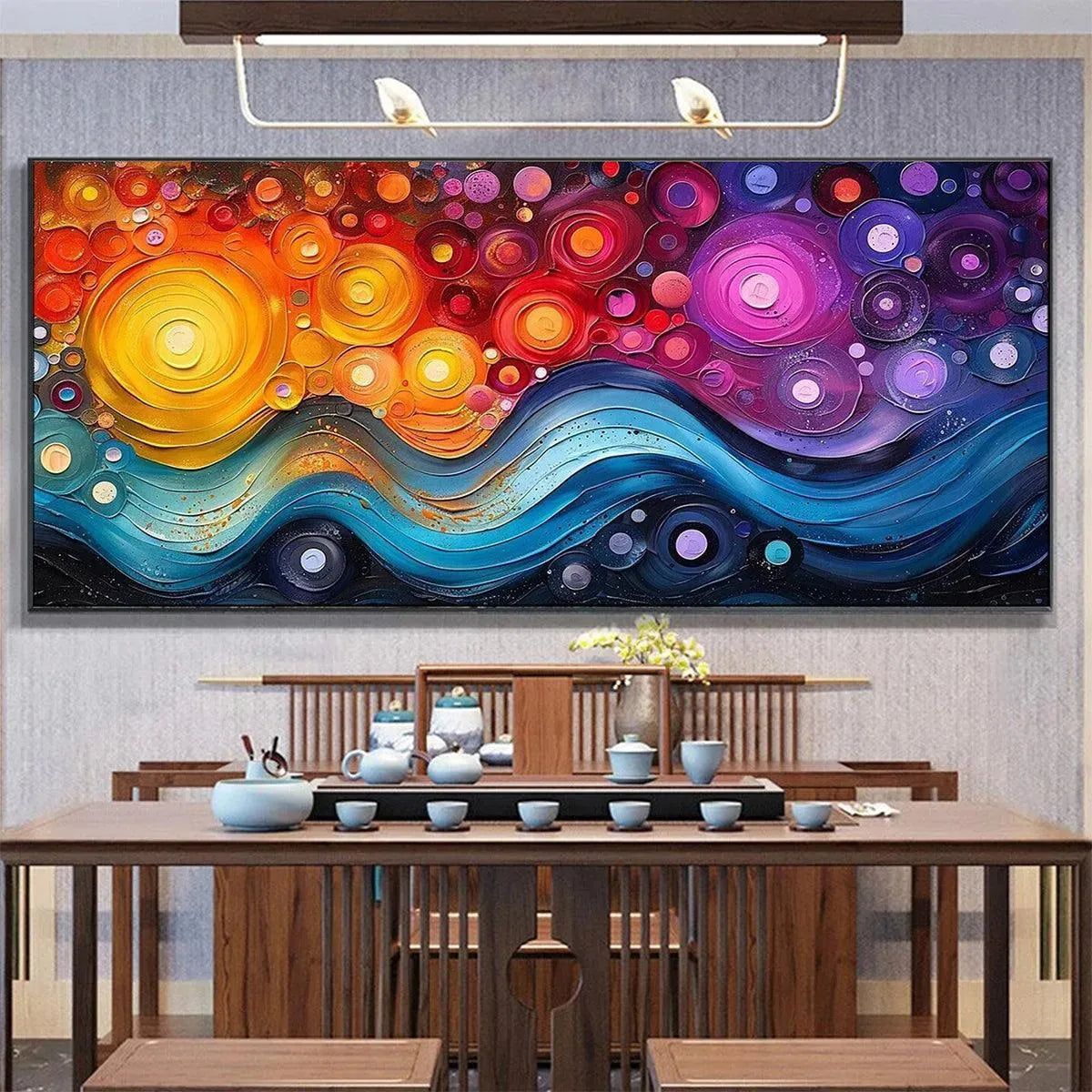 Cosmic Whirl abstract painting by Willow Davies, vibrant colors and swirling impasto texture, modern decor.