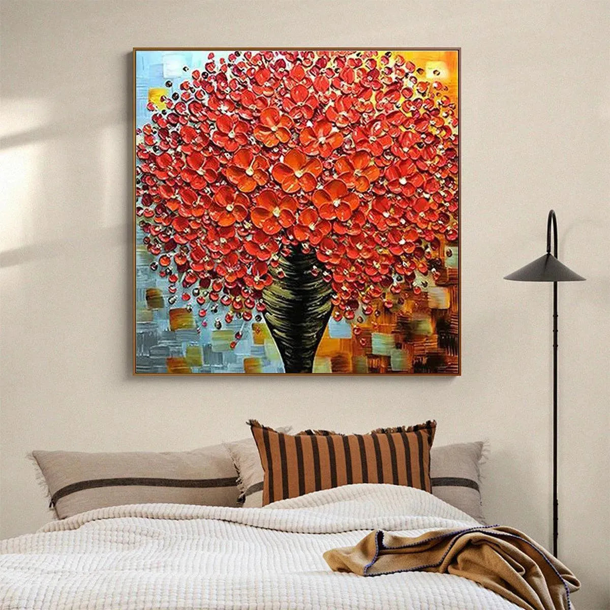 Crimson Bouquet textured impasto red floral painting, vibrant bedroom wall art above a modern bed.