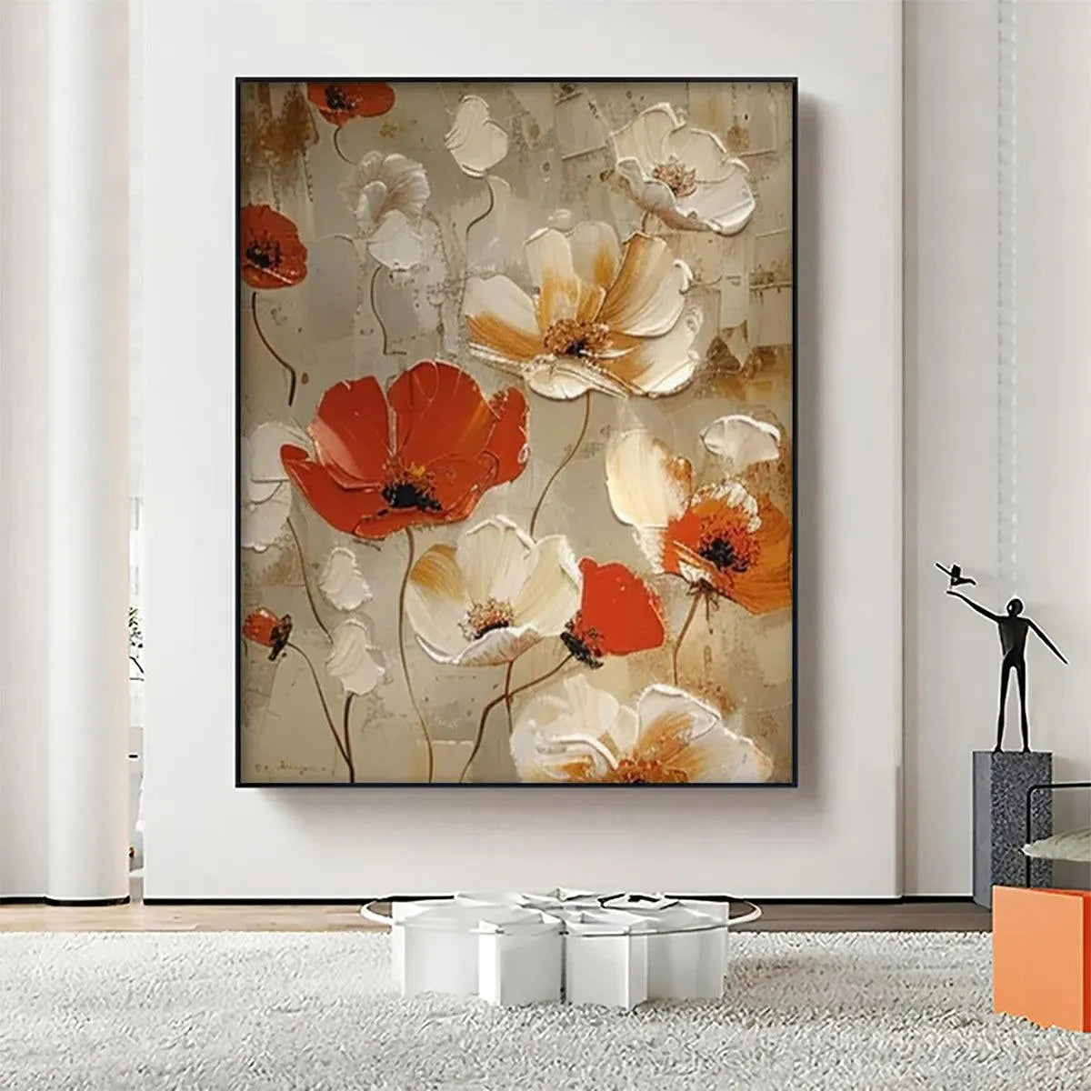 Crimson Fields: Textured Poppy Painting | Red and White Floral Wall Art | Square Canvas | Romantic Decor