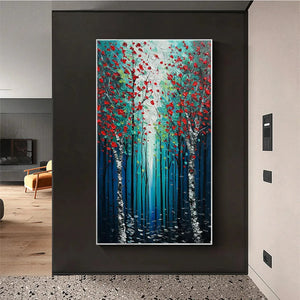 Vertical Textured Impasto Painting of a Forest with Red Accents, Modern Wall Art, Blue, Green and Red