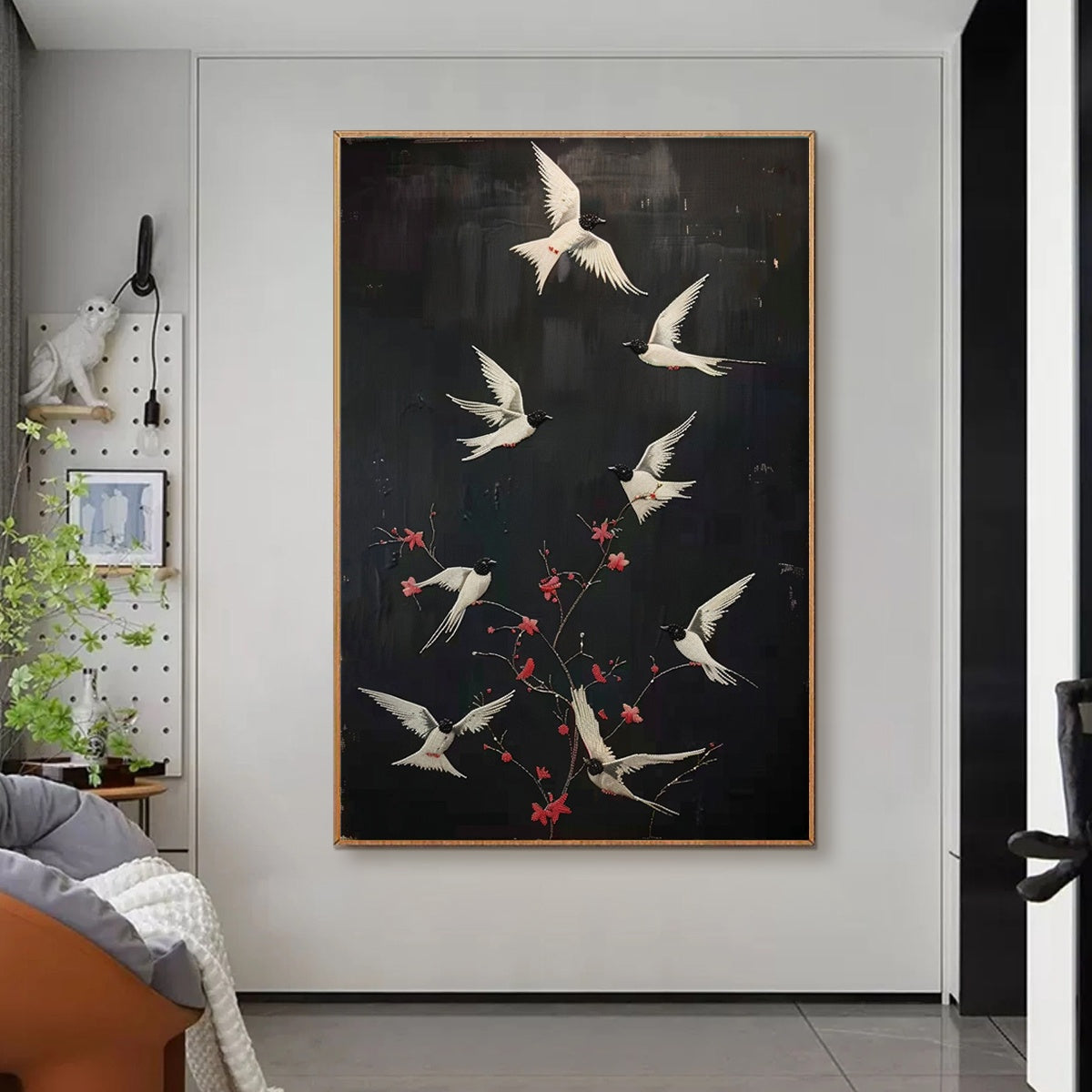 Dancing in the Dark: Beaded Birds and Blossoms Artwork - Elegant Nature Wall Decor