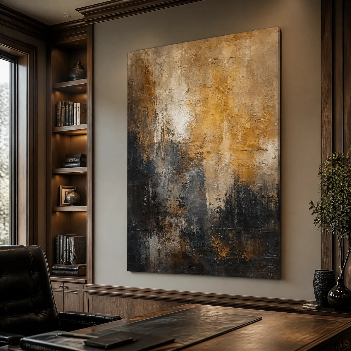 Abstract Dark Tones, gallery-wrapped modern art displayed in a refined office.