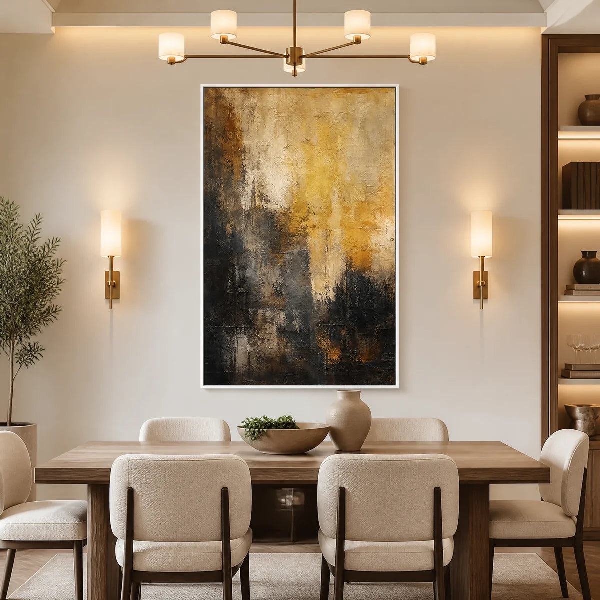 Abstract Dark Tones, textured oil painting with white frame displayed in a refined dining room.