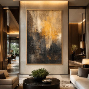 Abstract Dark Tones, large-scale impasto canvas art with wooden frame displayed in a refined hotel lobby.