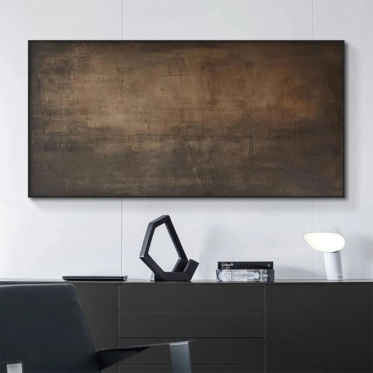 Dark Brown Textured Landscape by Liam O'Connell. Minimalist oil painting in brown hues within a black frame, for wall art.