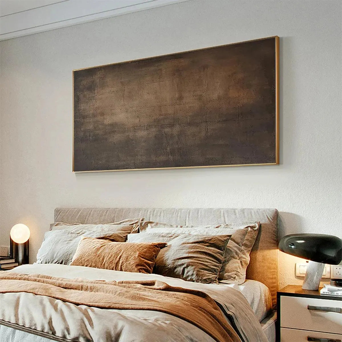 Dark Brown Textured Landscape by Liam O'Connell. Minimalist oil painting in brown hues within a black frame, for wall art.