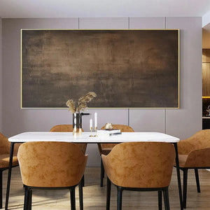 Dark Brown Textured Landscape by Liam O'Connell. Minimalist oil painting in brown hues within a black frame, for wall art.