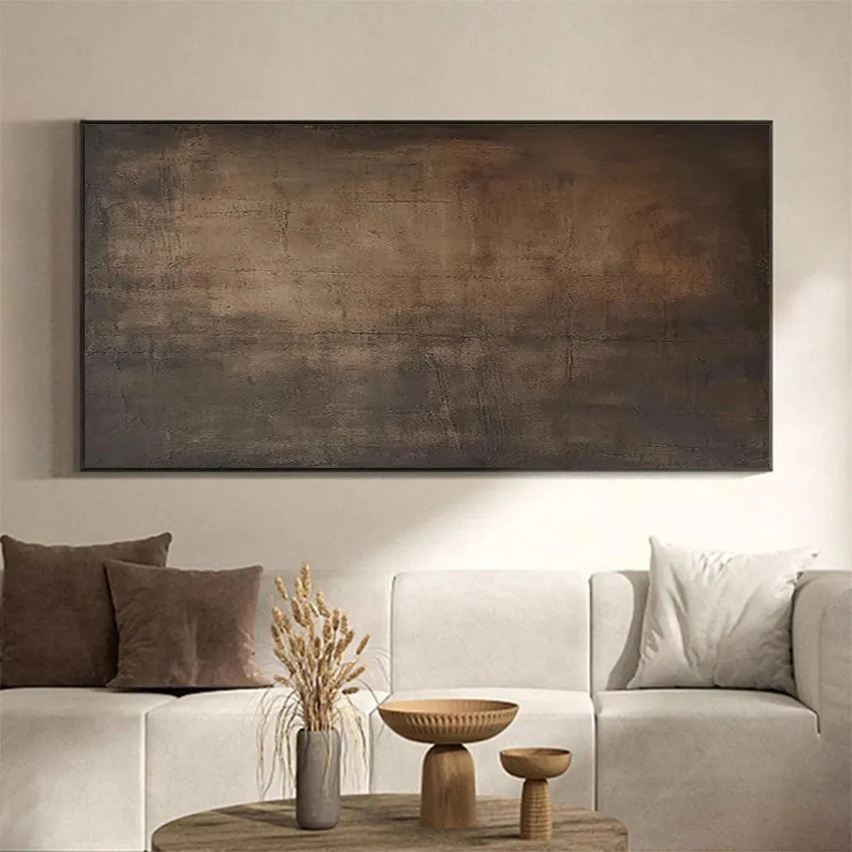 Dark Brown Textured Landscape by Liam O'Connell. Minimalist oil painting in brown hues within a black frame, for wall art.