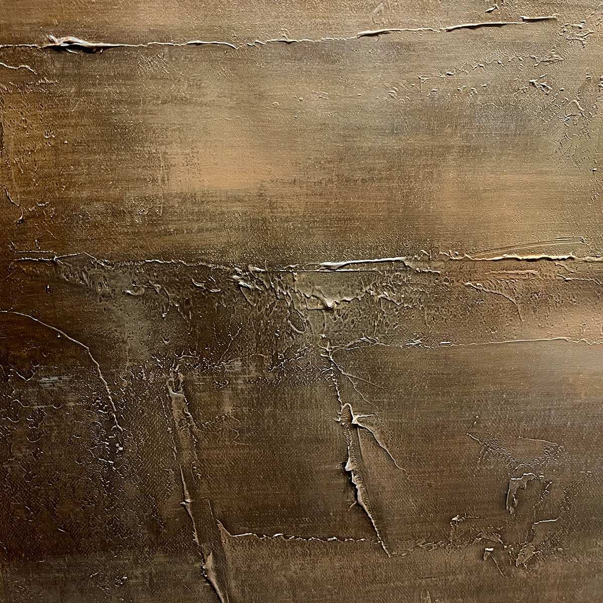 Dark Brown Textured Landscape by Liam O'Connell. Minimalist oil painting in brown hues within a black frame, for wall art.