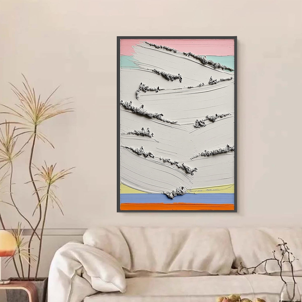 Original heavy texture abstract oil painting 'DAWNBREAK' with pastel sunrise colors.