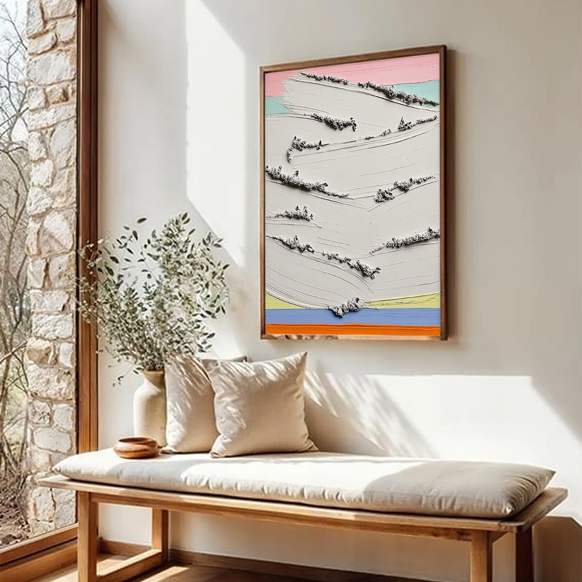 Original heavy texture abstract oil painting, 'DAWNBREAK', with impasto white strokes and pastel bands.