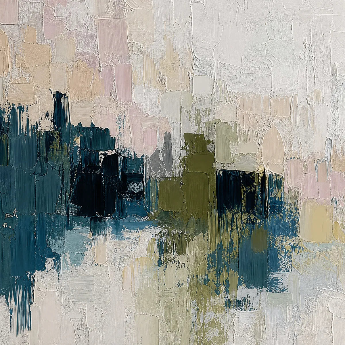 Textured abstract cityscape oil painting with teal, olive, blush, and cream impasto blocks