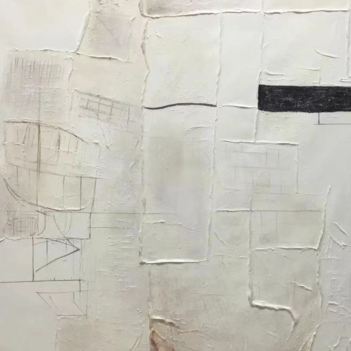 Deconstructed Plans: Original Textured Minimalist Abstract Oil Painting - Square White Black Architectural Wall Art