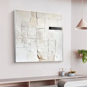 Deconstructed Plans: Original Textured Minimalist Abstract Oil Painting - Square White Black Architectural Wall Art