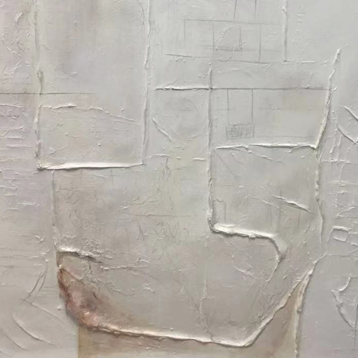 Deconstructed Plans: Original Textured Minimalist Abstract Oil Painting - Square White Black Architectural Wall Art
