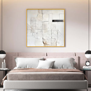 Deconstructed Plans: Original Textured Minimalist Abstract Oil Painting - Square White Black Architectural Wall Art