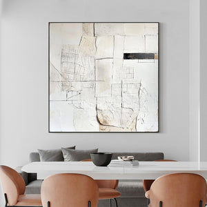 Deconstructed Plans: Original Textured Minimalist Abstract Oil Painting - Square White Black Architectural Wall Art