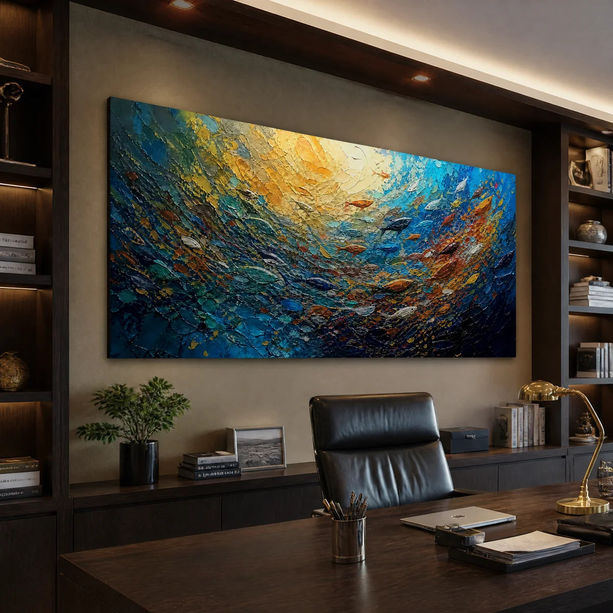 UNDERWATER VIBRANCE displayed in a refined office.