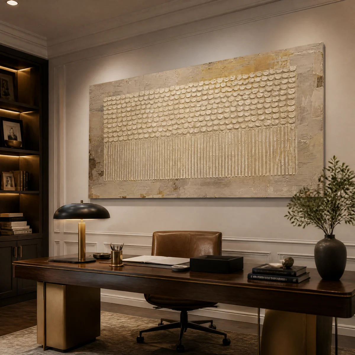 Neutral dot texture panoramic wall art with raised circles in a modern beige office.