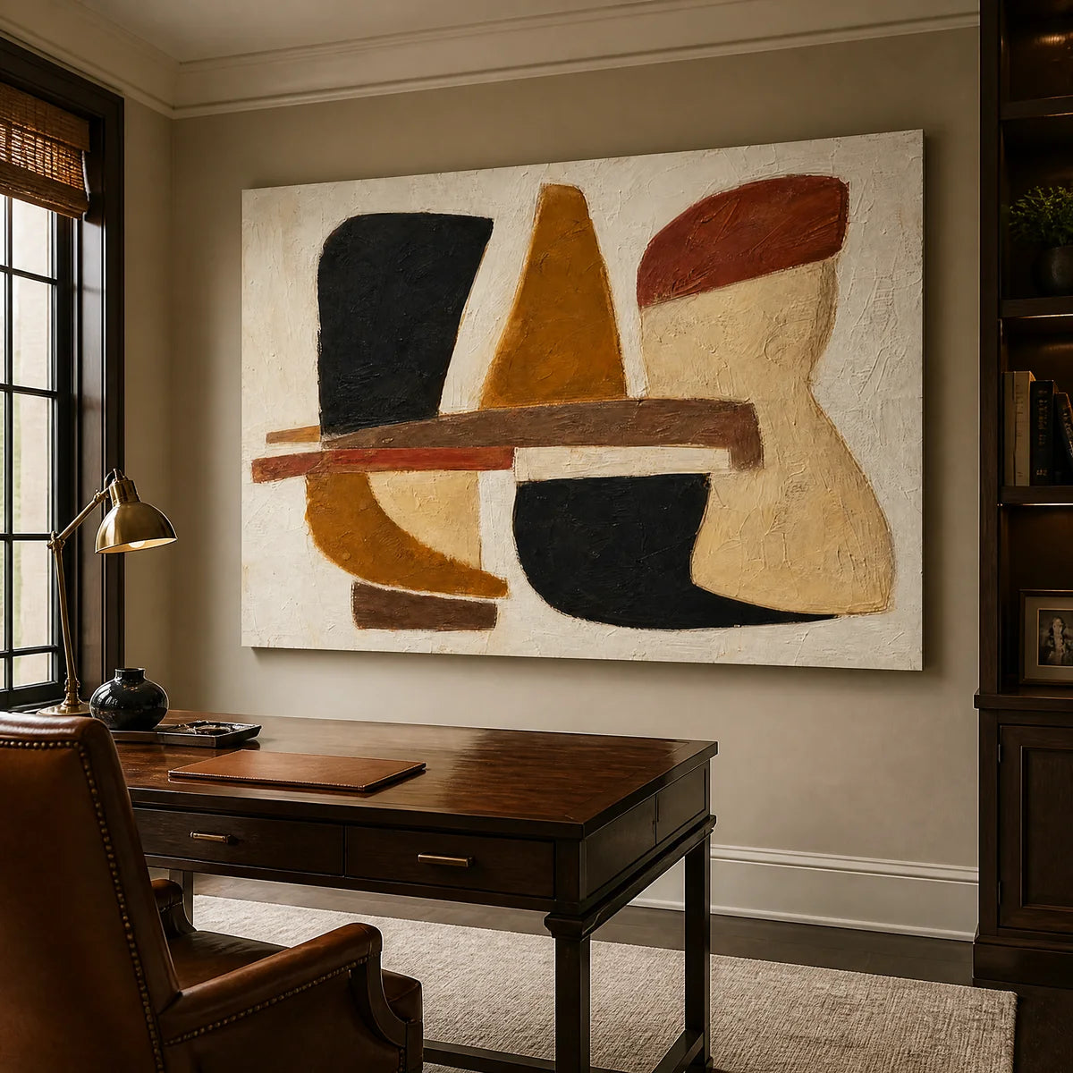 Earth tone abstract wall art above modern office desk with leather chairs showcased in a professional home office.